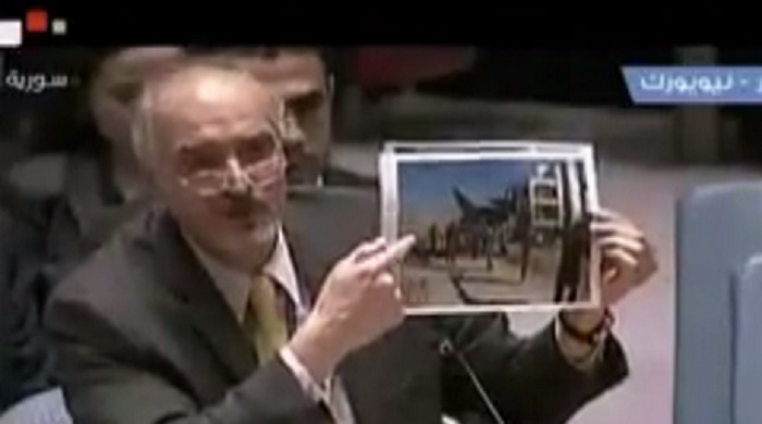 Bachar Jaafari montrant les nouvelles armes livrées aux terroristes d’Alep ( 26 oct 2016)