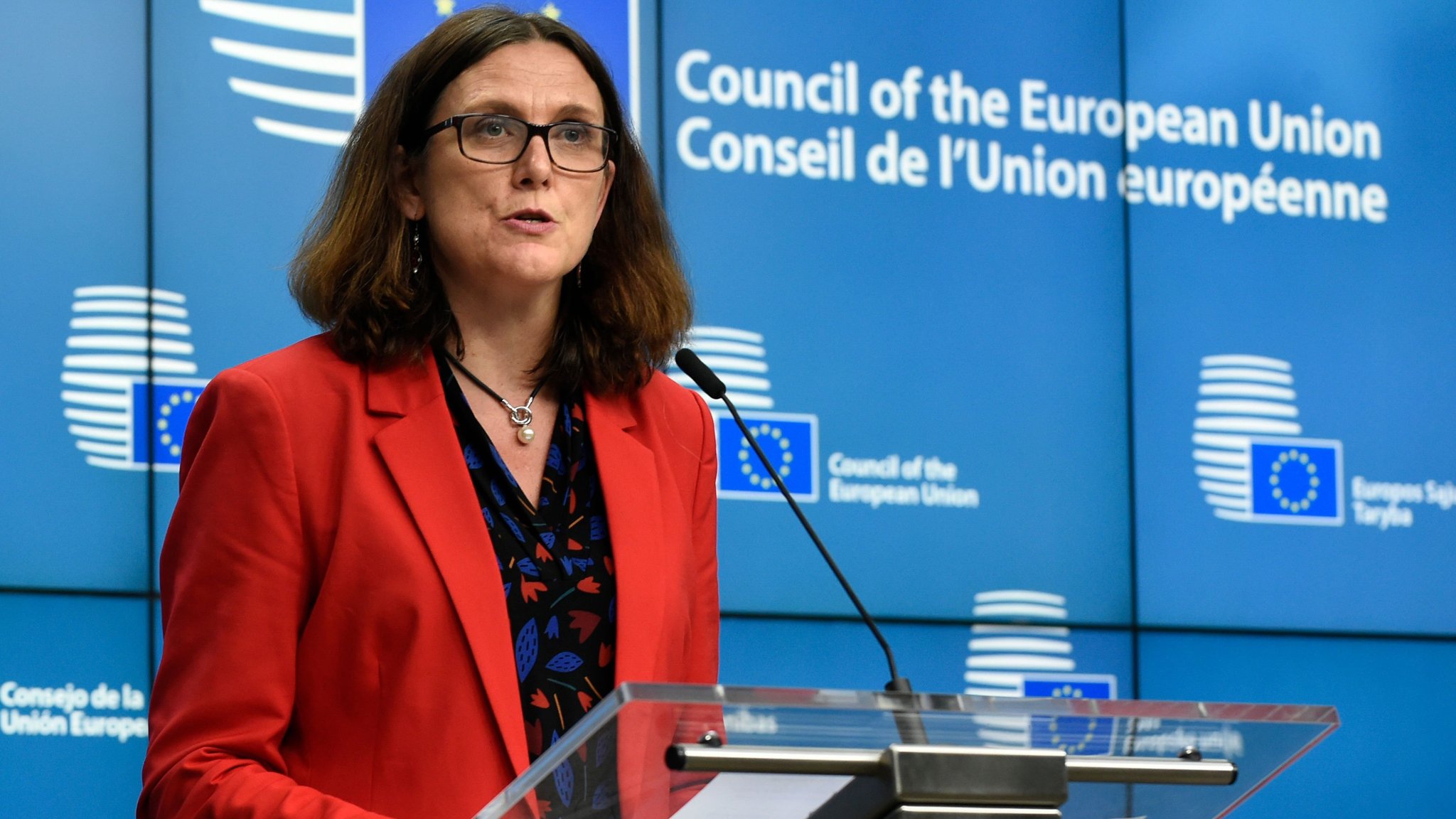 European Union Commissioner of Trade Cecilia Malmstrom (L) talks during a joint press conference after a Foreign Affairs Trade Ministers meeting at the EU headquarters in Brussels on May 22, 2018. / AFP PHOTO / JOHN THYSJOHN THYS/AFP/Getty Images
