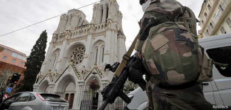 A French soldier stands in front of Notre-Dame church, where a knife attack took place, in Nice, France October 29, 2020. REUTERS/Eric Gaillard/Pool