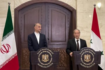 Conférence de presse entre le chef de la diplomatie iranienne Hossein Amir Abdollahian et son homologue syrien Faisal al-Miqdad, à Damas le 30 août 2023.