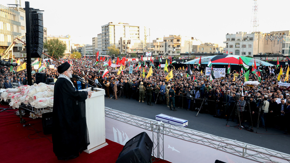 Le président iranien Ebrahim Raïssi lors d'un rassemblement en soutien aux Palestiniens de Gaza à Téhéran, le 18 octobre 2023. © President.ir