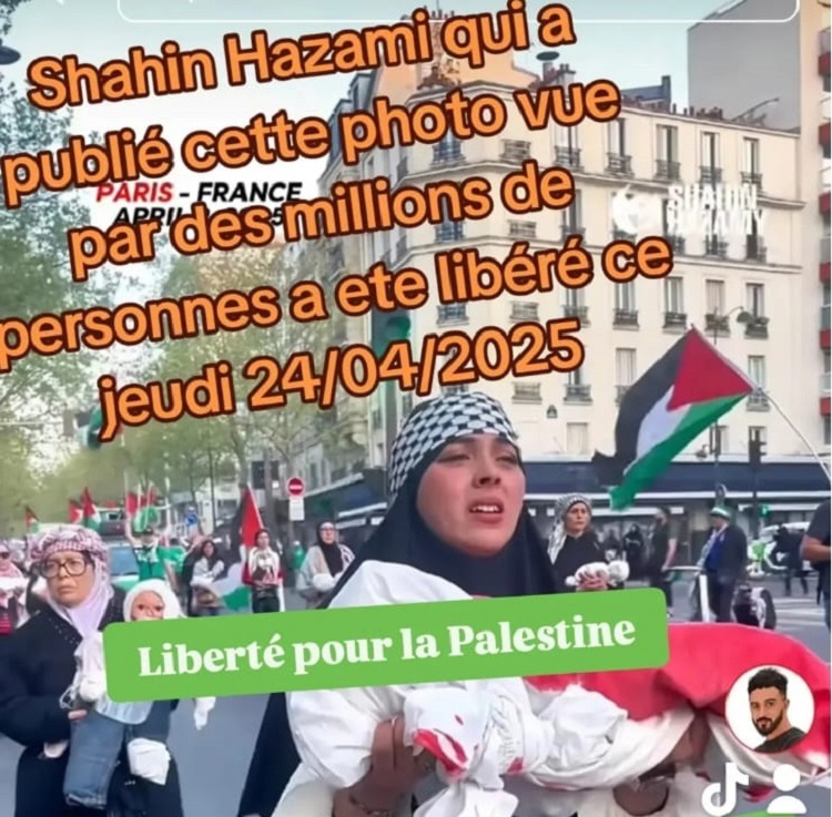 Une femme, représentant les mères de Gaza, porte un enfant symbolique couvert de sang et crie "Liberté pour la Palestine".