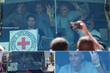 Le bus des prisonniers palestiniens libérés arrive à Ramallah, en Cisjordanie occupée, le 13 octobre 2025.