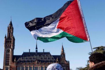 Un manifestant brandit le drapeau palestinien devant la Cour internationale de Justice à La Haye. ©Reuters