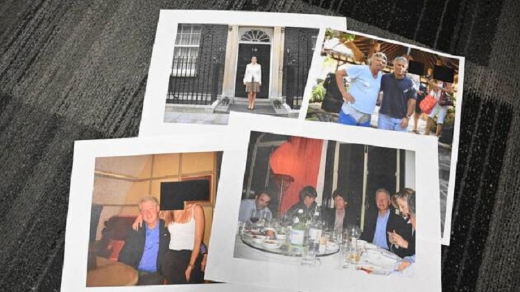 Cette illustration photographique, prise à Washington, D.C., le 19 décembre 2025, présente des clichés, notamment de l'ancien président américain Bill Clinton, du chanteur des Rolling Stones Mick Jagger, du président du groupe Virgin Richard Branson et de Ghislaine Maxwell, après la publication par le département de la Justice américain des documents tant attendus de l'enquête sur l'affaire politiquement explosive du criminel sexuel Jeffrey Epstein. (Photo : Mandel NGAN / AFP)